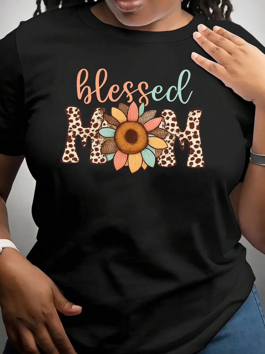 GiftGiftLeaf Floral Print Short Sleeve T-Shirt, Round Neck, Summer Casual, Floral Tweed T-Shirt For Mother's Day, Women's Top, Mother's Day Gift, Soft. - 黑色 - 查看 1