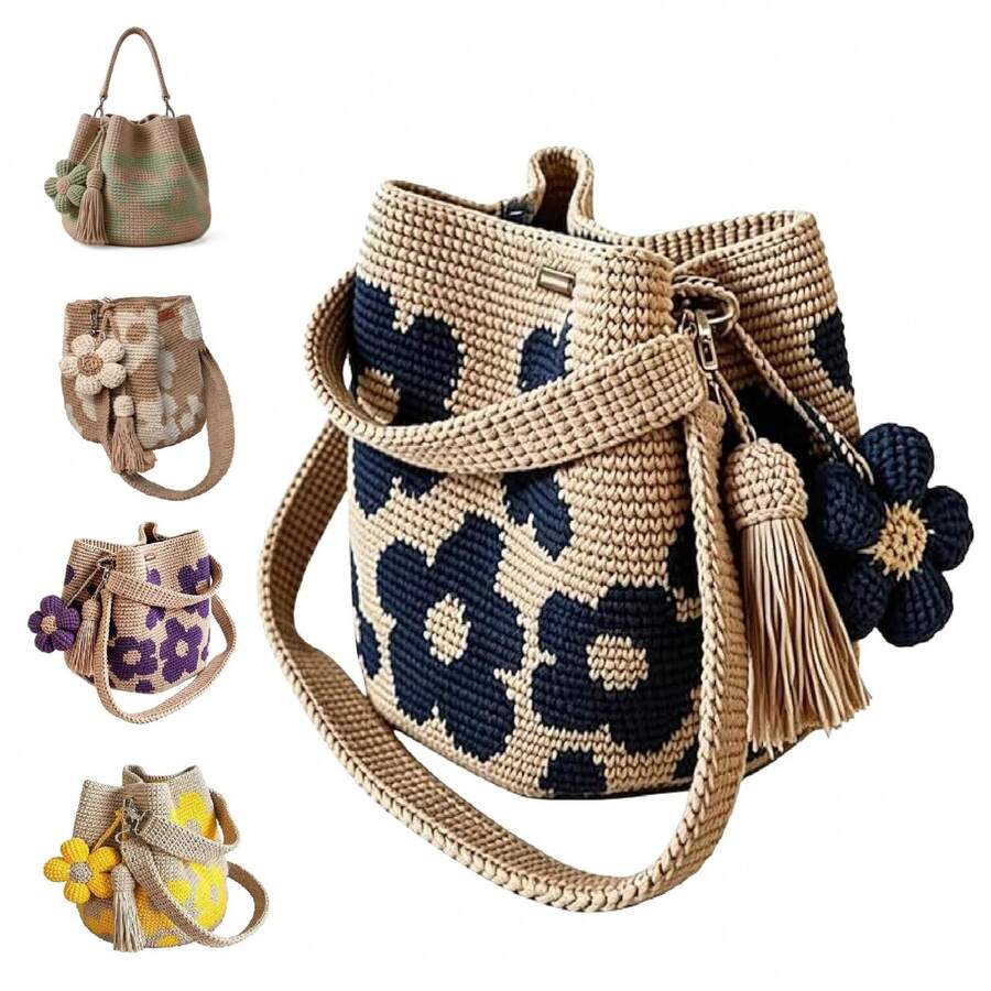 Handmade Crochet Flower Tote Bag, Aesthetic Boho Knit Shoulder Bag Women, Summer Beach Mesh Purse For Vacation Daily Use - A3 - 查看 1