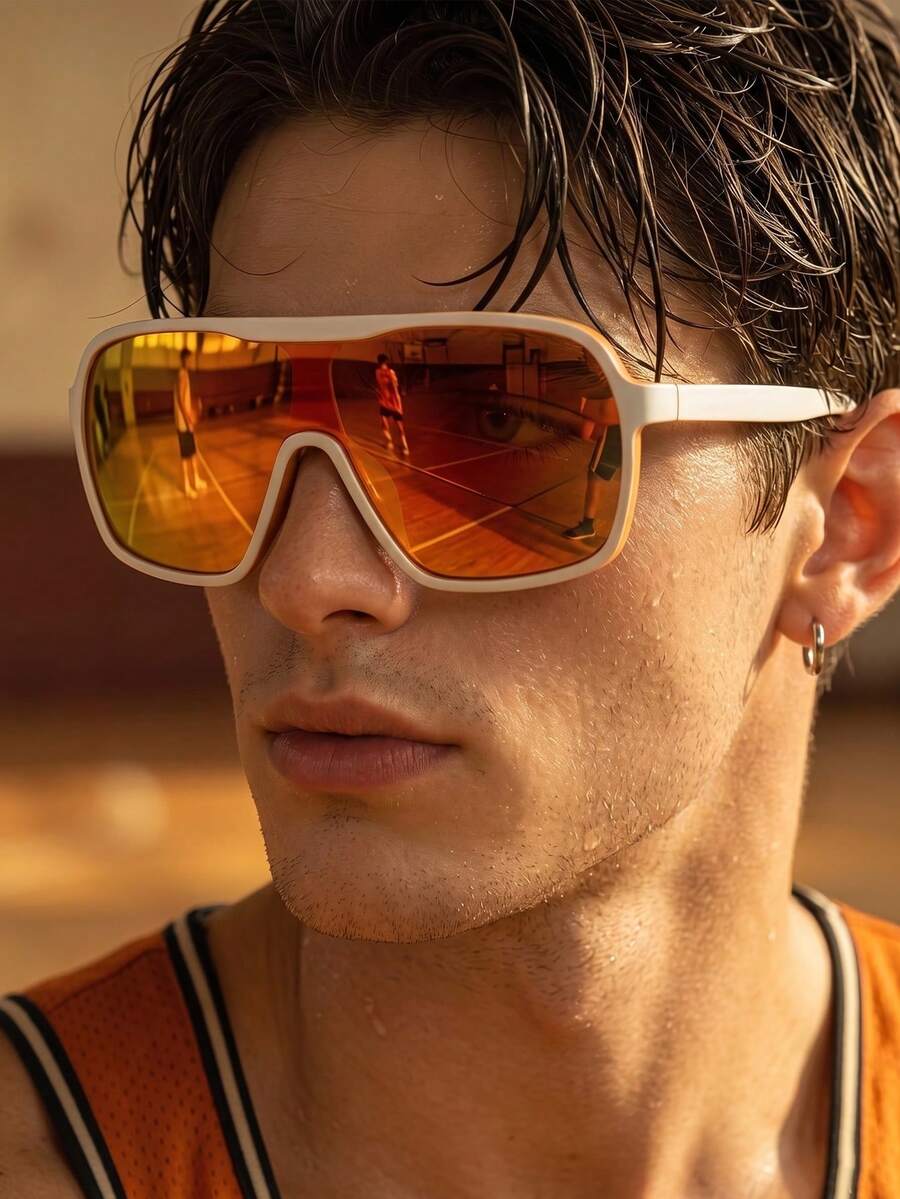 1 Pair Men's Large Frame Rimless Glasses, Suitable For Cycling, Beach, Music Festival, Fishing - Orange-white Framed With Red Mercury - View 1