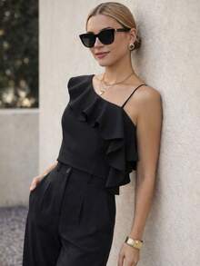 A&DD FASHION, Reference Number: Y493 - Set, Women's Two-Piece Suits, High-Waisted Wide-Leg Pants, Trousers, Camisole, Crop Top, Ruffled Hem Design, Comfortable To Wear, Sophisticated Look, High Quality, Stylish Look, Versatile, Elegant Style, Two-Piece Suits, Casual Chic Look, Comfortable And Stylish, Pants With Pockets, Elegant Suits, Perfect For Spring And Summer, Blogger Style, Casual And Formal, Suitable For All Occasions, Elegant And Fashionable, Feminine Look, Summer 2025 Collection. - 黑色 - 查看 3