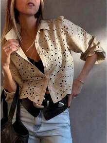 Camisa de mujer de un solo pecho bordada, para uso casual y diario, ideal para vacaciones de verano - Camel - Ver 7