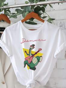 Camiseta con Estampado de Dinosaurio Jugando la Guitarra Denver, Manga Corta, Cuello Redondo, Estilo Casual, Ropa de Primavera/Verano para Mujer - Camiseta Unisex de Algodón, Manga Corta, Cuello Redondo, Estilo Vintage Urbano - Blanco - Ver 7