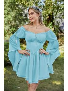 Vestido de Hada Renacentista para Mujer, Verano 2026, Estilo Boho, Hombros Descubiertos, Corsé Fluido, Vestidos Mini - Azul claro - Ver 2