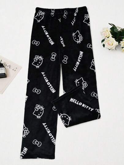 Hello Kitty 卡通法兰绒睡裤，加厚绒面，动漫风格女式睡衣，情侣家居服，休闲居家服，秋冬季睡眠或放松的理想之选，节日礼物，生日礼物，返校礼物，新年礼物