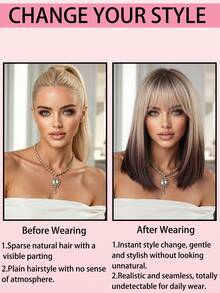 14-Inch Gradient Gray-Brown Short Bob Wig With Bangs, Natural Straight Synthetic Heat-Resistant Fiber, Suitable For Women Daily And Party Wear - Two-Tone - View 6