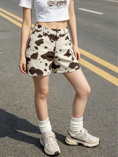 1pc Girls' Casual Loose Fit Distressed Denim Shorts With Cow Print, Versatile Summer Wear