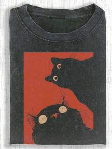 1pcsCute Cat Funny Graphic Graphic T-ShirtMen's Cotton T-Shirt, 230G Washed Short-Sleeve T-Shirt, Suitable For Halloween, Christmas And Spring Festival Gifts180g - 黑色 31 - 查看 9