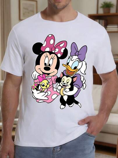 Disney 1 chiếc áo thun nam tay ngắn dáng rộng in hình hoạt hình chuột Minnie dễ thương, cổ tròn, kiểu dáng thường ngày, chất liệu dễ giặt ủi, thời trang thường nhật.