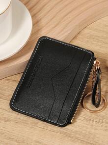 Black Minimalist Solid Color Card Holder Purse Wallet, Zip Around With Chain Keychain, Multi Card Slots Coin Pocket ID Window, Unisex Slim Compact For Daily Use Travel Shopping - Black - View 5