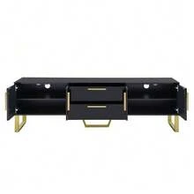 High-Gloss TV Unit: Gold Base, Handles And Legs, Engraved Textured Door, Living Room Storage Solution, Perfect Combination Of Elegance, Luxury And Functionality. - Black - View 11