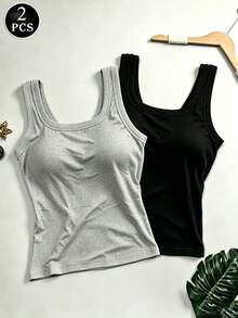 2pcs Women'S Ribbed Backless Tank Top With Built-In Bra, High-Stretch Skin-Friendly And Wearable As Outerwear, U-Neck Design Suitable For Yoga, Fitness, Commuting, And Daily Layering, Tank Tops Women, Tank Top With Bra Built In - Nhiều màu - Xem 1