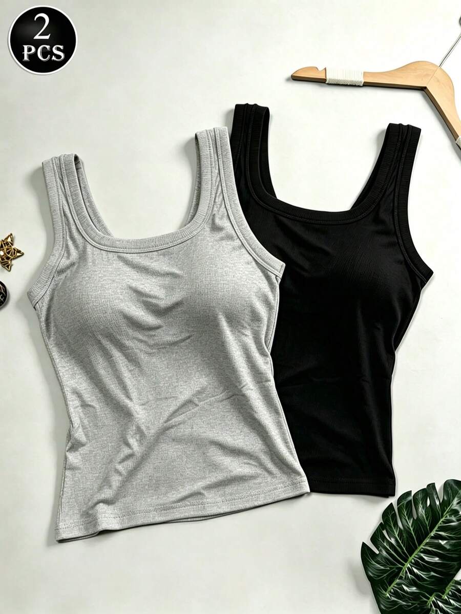 2pcs Women'S Ribbed Backless Tank Top With Built-In Bra, High-Stretch Skin-Friendly And Wearable As Outerwear, U-Neck Design Suitable For Yoga, Fitness, Commuting, And Daily Layering, Tank Tops Women, Tank Top With Bra Built In - Nhiều màu - Xem 1
