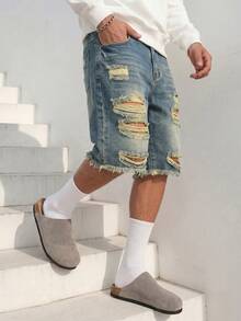 Men's Vintage Distressed Denim Shorts, American Retro Straight Loose Frayed Hem Denim Shorts, Street Fashion Ripped Jeans Shorts, Hip Hop Casual Jeans Shorts, Street Style Versatile, Suitable For Daily Commute And Summer Wear - Yellow - View 3