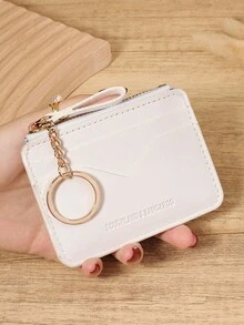 Cartera/Monedero minimalista de unicolor blanco, con cremallera y cadena, múltiples ranuras para tarjetas, bolsillo para monedas y ventana para identificación, compacto y delgado, unisex, para uso diario y viajes de compras - Blanco - Ver 3