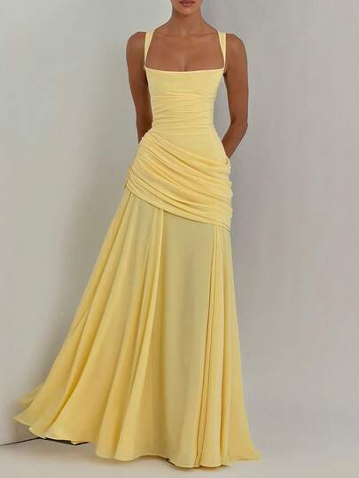 Yellow Elegant Strapless Summer Fitted Dress, Casual Backless Sleeveless Pleated Party Club Dress For Women Wedding Spring