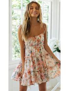Floral Print Cami Mini Dress, Tiered Ruffle Hem, Casual Vacation Sundress - 橘黃綠 - 查看 12