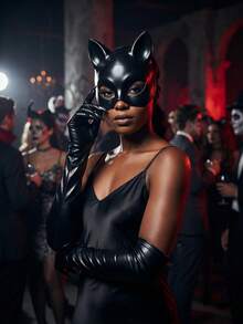 1 Set Máscara y Guantes de Gato Negro, Adecuado para Baile de Máscaras, Discoteca, Bar, Fiesta de Festival - Negro - Ver 2