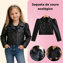 Girls' Black Faux Leather Puff Sleeve Jacket, Blogger Style, Sizes 2 To 10 Years - 黑色 - 查看 1