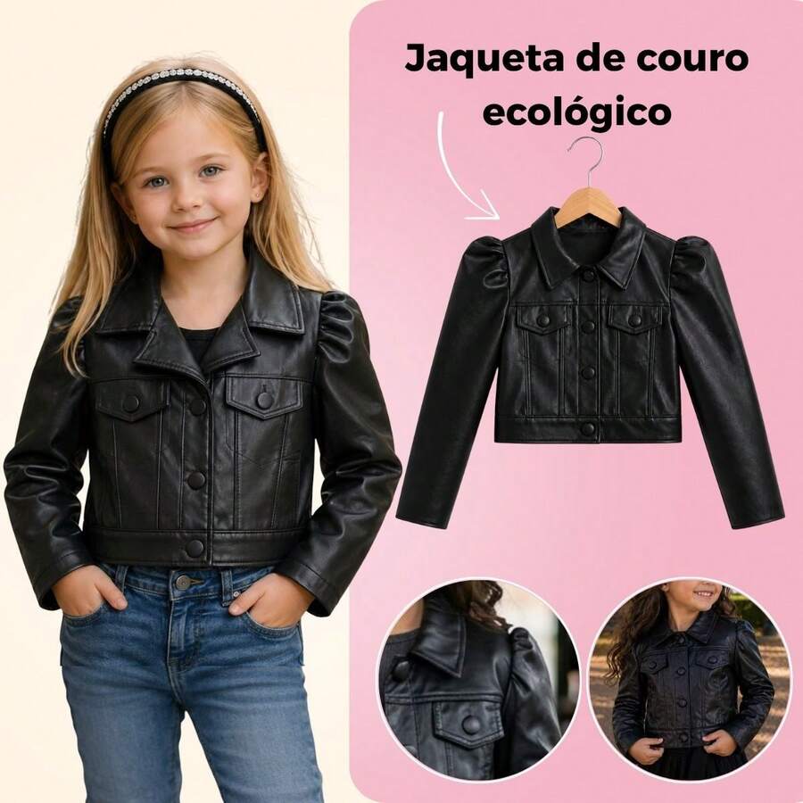 Girls' Black Faux Leather Puff Sleeve Jacket, Blogger Style, Sizes 2 To 10 Years - 黑色 - 查看 1