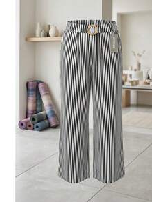 Pantalones de talle alto con estampado de rayas verticales y cinturón decorativo   Elegante    Material Compuesto    Cinturón    Pantalon dama - Blanco y Negro - Ver 2