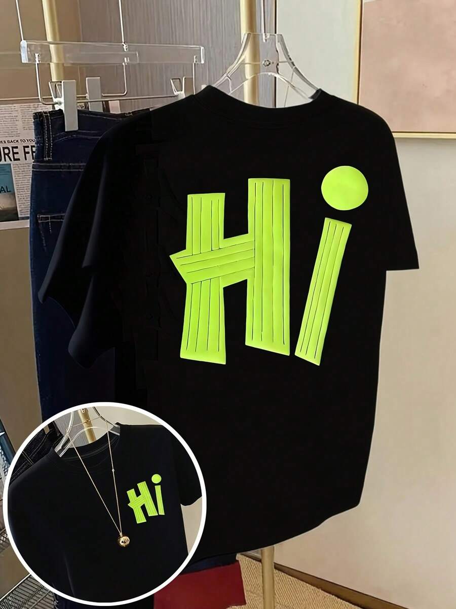 Women's Short-Sleeved T-Shirt With Round Neck And "Hi" Lettering On Both Sides, Casual And Sporty, For Spring And Summer. - Black - View 1