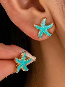 1 Pair Fashion 3D Alloy Colorful Pearl Shell Star Stud Earrings - Blue - View 2