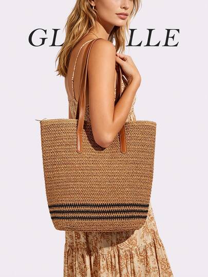 GLOBELLE Handwoven Straw Tote Bag For Women, Spacious Beach & Vacation Shoulder Bag, Lightweight Woven Tote For Summer, Travel, Shopping