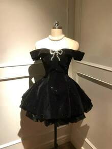 Vestido de fiesta de noche negro para mujer, minivestido gótico con hombros descubiertos, estilo americano Vintage Y2k, trajes de cumpleaños coreanos para oficina - Negro - Ver 2