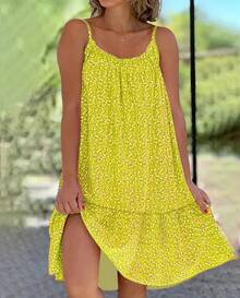 Nuevo Vestido de Verano 2026, Estilo Casual Europeo y Americano, Estampado, Sin Mangas, con Tirantes y Gran Vuelo, para  en - Amarillo - Ver 1