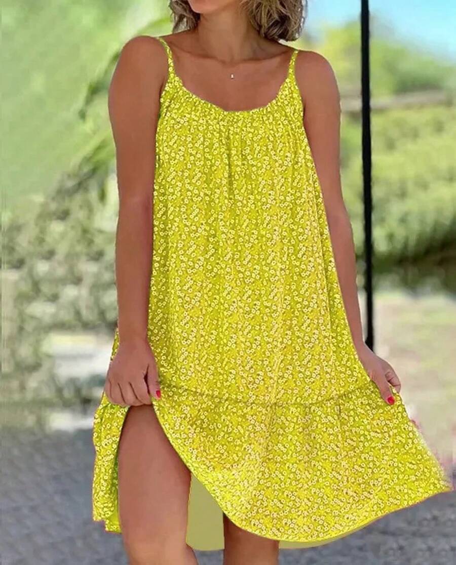 Nuevo Vestido de Verano 2026, Estilo Casual Europeo y Americano, Estampado, Sin Mangas, con Tirantes y Gran Vuelo, para  en - Amarillo - Ver 1
