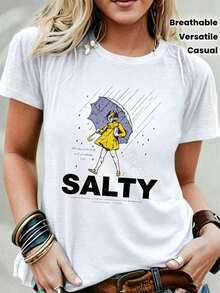 Plus Size Salty With Umbrella Graphic Tee - Vintage Style Summer Beachwear For Women, Perfect For Vacation And Everyday Wear, T-Shirt-Unisex - 白色2 - 查看 11