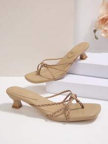 Sandalias de tacón alto con punta abierta tejidas y anudadas, sandalias deslizantes de punta cuadrada minimalistas, versátiles para vacaciones y estilo callejero - Caqui - Ver 4
