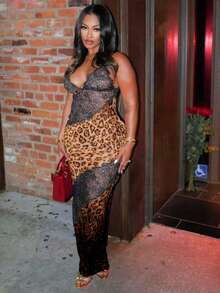 Mermaid Long Dress Lace With Leopard Print Deep Neckline Backless New - 黑色 - 查看 3