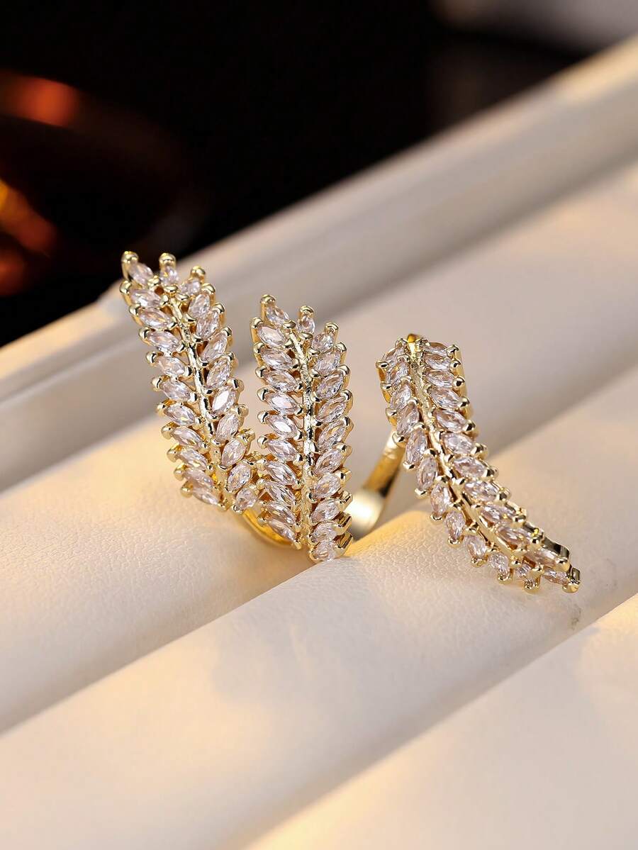 1pc Luxury Wheat Ear Rhinestone Adjustable Open Ring, Gold & Silver Feather Design Finger Ring - Open Ring - View 1