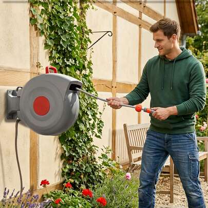 30m Garden Hose Reel For Coverage Of Approximately 1,413 M², Telescopic Hose With 9-Jet Spray Head, Swiveling Wall-Mounted Reel, Rustproof And UV Resistant