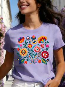 Mexican-Style T-Shirt With A Colorful Floral Print Featuring Festive Motifs, Casual Short-Sleeved Top With A Round Neck For Women. DWRM - 淺紫色 - 查看 11