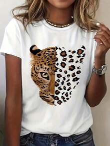 Camiseta Manga Corta Cuello Redondo Estampado Jaguar Animal Print Mujer - Blanco - Ver 1