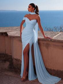 Faeriesty Elegant Pink Strapless Party Dress, Heart-Shaped Neckline, High Slit Design, Fishtail Hem, Criss-Cross Back Straps, Comes With Cape Fall Wedding - Baby Blue - View 1