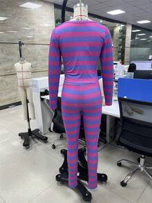 Awevudst Women's 2Piece Outfits Cheshire Cat Halloween Costume Pink And Purple Striped Cat Costume Long Sleeve Crop Top Shirt And Leggings Animal Halloween Cosplay Clothes Casual Lungewear - Hồng - Xem 3