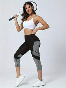 Pantalones de yoga de cintura alta con bolsillo de almazuela para mujer Leggings capri Pantalones de chándal Tummy Tuck - NegroGris - Ver 3