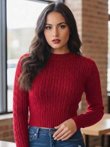 Women's Cropped Textured Knit Long Sleeve Ribbed Knit Top - Autumn/Winter Fashion - Camel - Ver 3