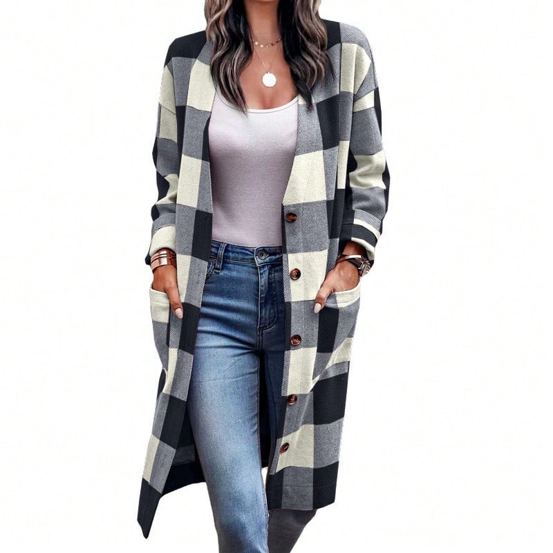 Women's Plaid Button Front Coat Loose Fit Pocket Long Sleeve Casual Autumn Winter Cardigan Jacket - Black - View 1