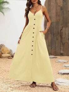 xheBreezaya Vestido casual de cuello en V tipo cami con silueta evasé amplia, estilo de playa maxi para vacaciones, conjunto de ropa de playa para mujeresxhe - Albaricoque - Ver 4