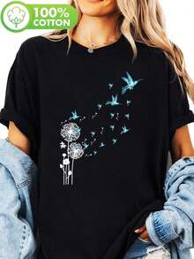 Camiseta estampada de colibrí con diente de león en Y, top casual de manga corta y cuello redondo, para verano y primavera, ropa de mujer-Vintage Street Style Unisex Loose Cotton Short Sleeve Crew Neck T-Shirt - Negro - Ver 6