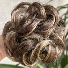 Pieza de pelo sintético con clip para moño desordenado, moño de pelo rizado y ondulado, moño alto esponjoso - Marrón con reflejos dorados - Multicolor - Ver 14