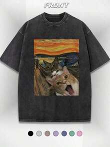 1pcsCute Cat Funny Graphic Graphic T-ShirtMen's Cotton T-Shirt, 230G Washed Short-Sleeve Suitable For Halloween, Christmas And Spring Festival Gifts - 黑色 29 - 查看 11