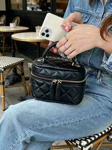 Rhombus Quilted Chain Strap Bucket Bag, Mini & Large Size Handbag, Shoulder & Crossbody Cosmetic Bag - Black - View 4