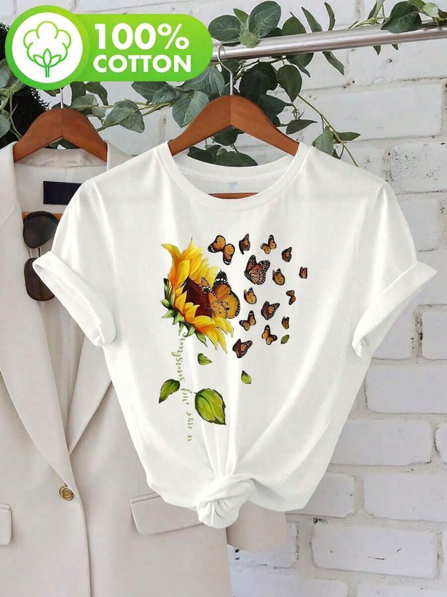 Women's 100% Cotton Crew Neck T-Shirt: Breathable And Comfortable. This Cute And Casual T-Shirt Is Perfect For Spring And Summer, Ideal For Both Everyday Wear And Going Out. Lightweight, Cool, And Durable, It's A Versatile Wardrobe Staple. - 白色 19 - 查看 1