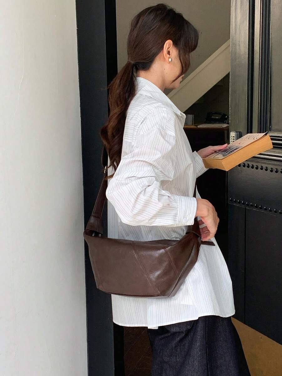 韩版复古饺子包，休闲百搭新月形单肩包，女士通勤斜挎包 - 咖啡 - 查看 1