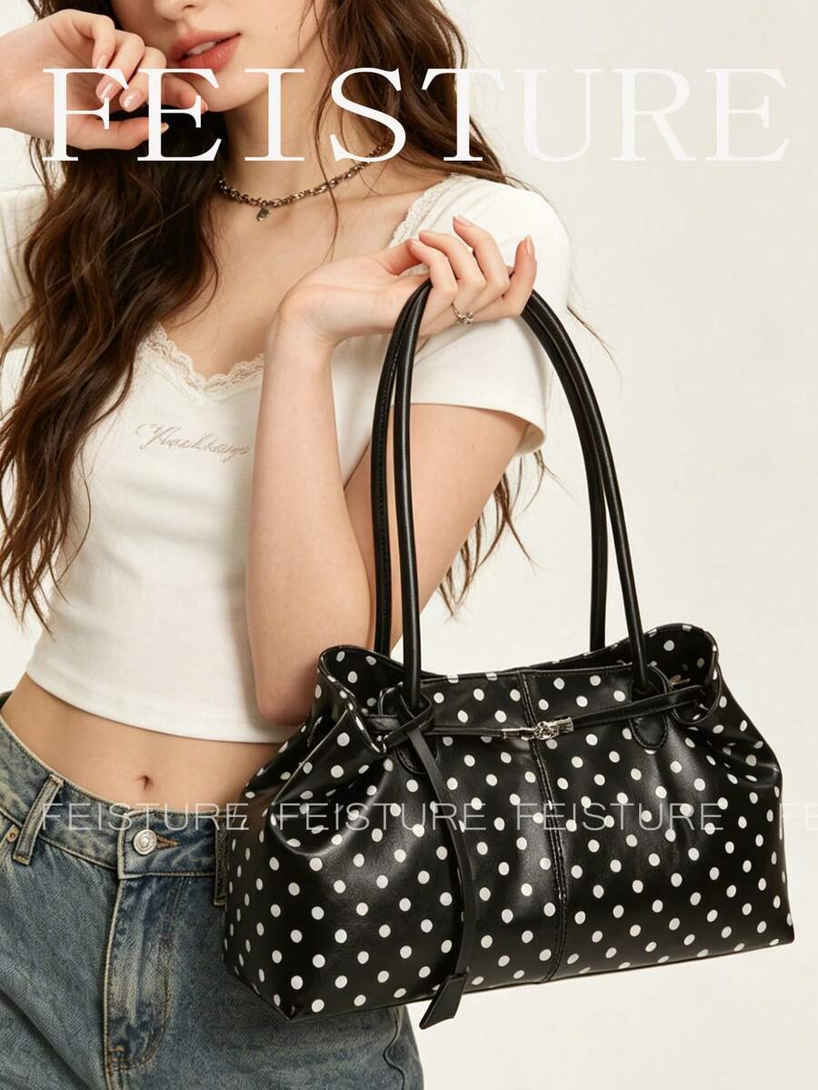 1 pieza Bolso de mano con decoración de correa a lunares negros, bolso de hombro de moda, adecuado para chicas, mujeres, estudiantes universitarias, jóvenes profesionales, excelente para el trabajo, los negocios, el transporte y la escuela